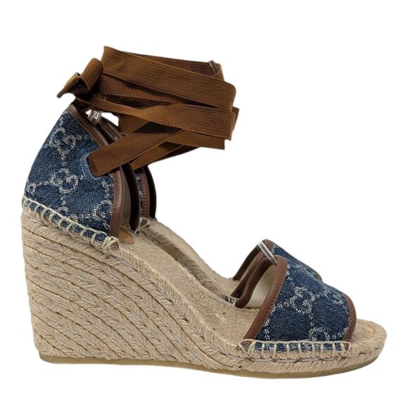 Gucci Pilar GG Monogram Denim D'Orsay Espadrille Wedge Heel Sandal Blue Tan  37 - Picture 4 of 11